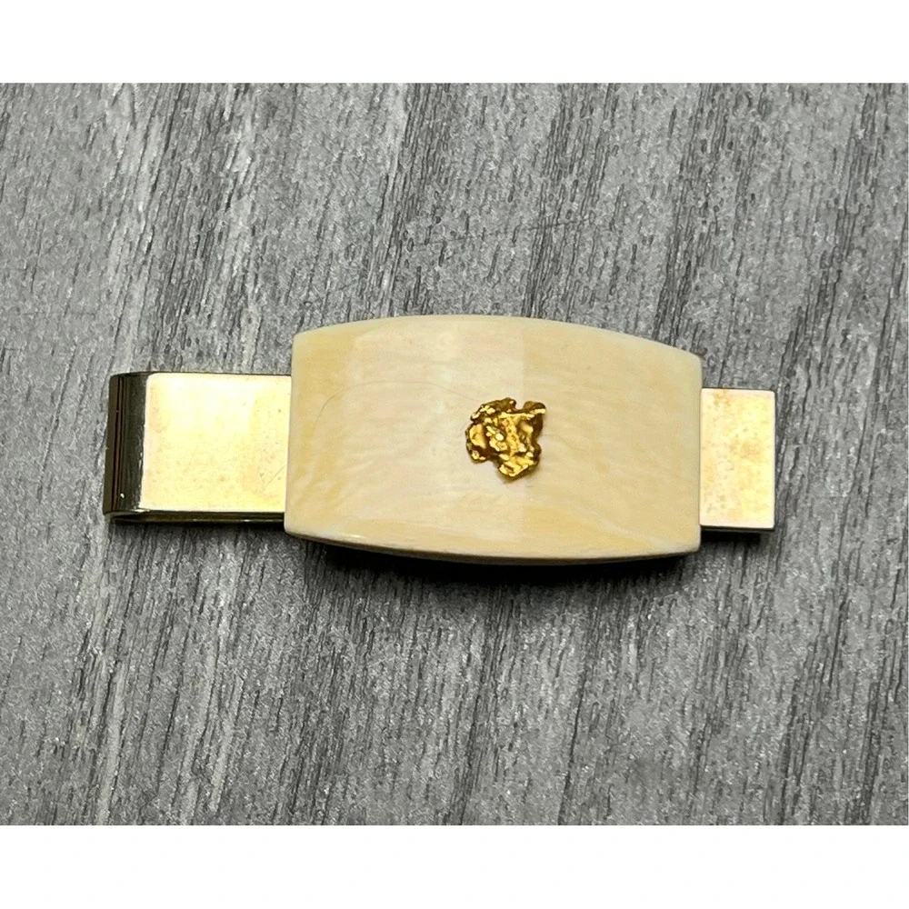 Vintage Gold Tone Tie Clip w/ Cream Setting & Raw Gold Nugget Accent